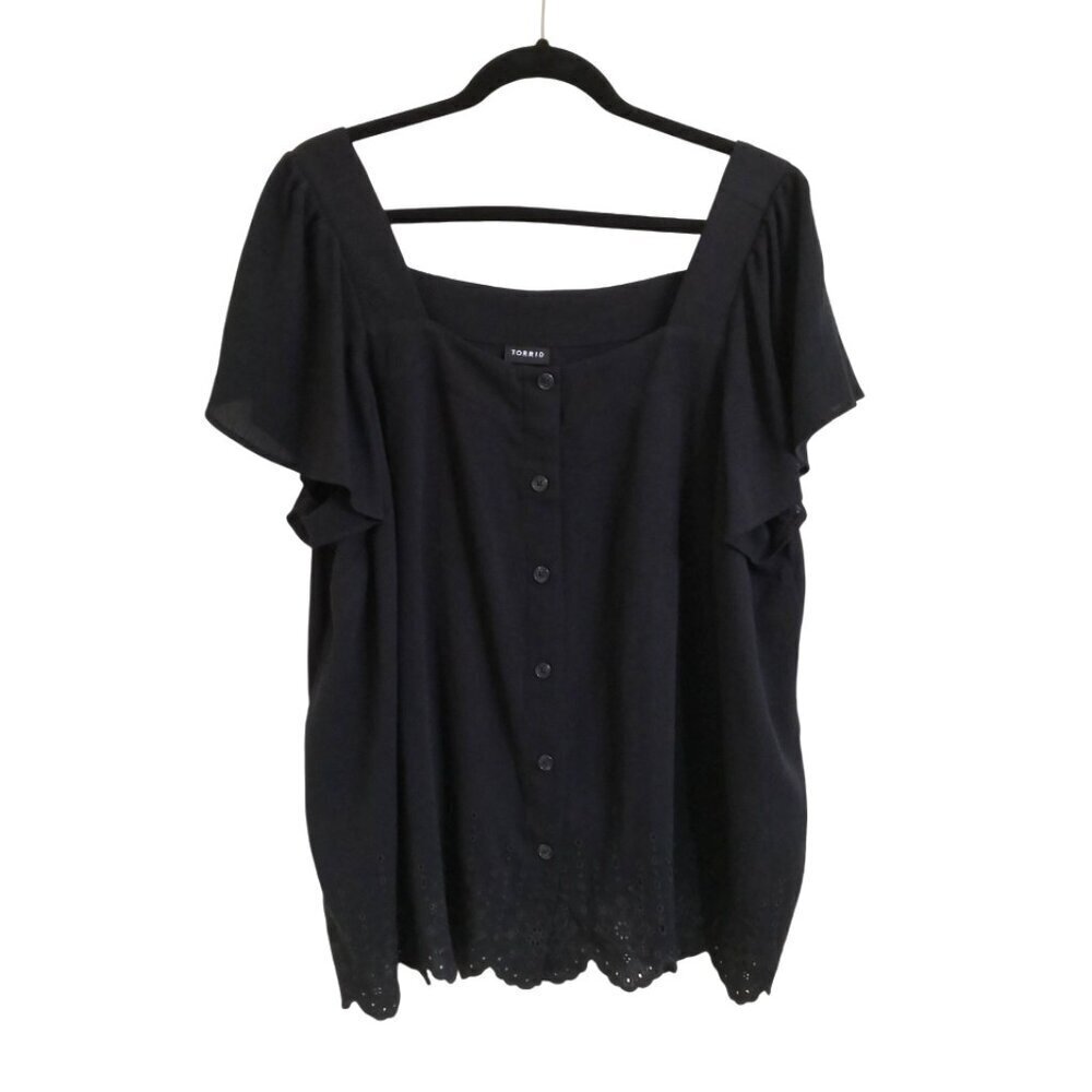 NWOT Torrid Square Neck Short Sleeve Eyelet Hem Pull Over Top Black Size 2 (=2X)